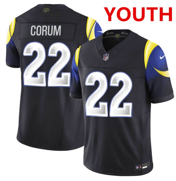 Youth los angeles rams #22 blake corum midnight blue 2025 f.u.s.e. “rivalries” vapor limited stitched football jersey