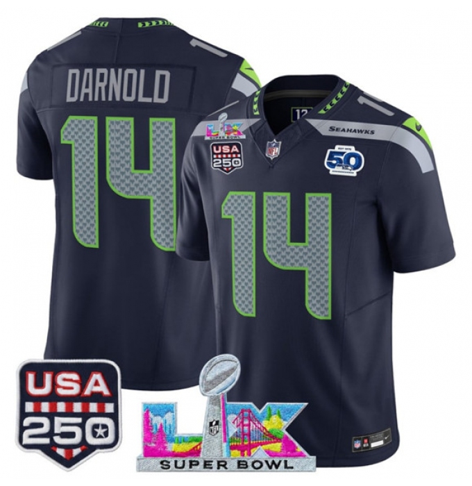 Men's Seattle Seahawks #14 Sam Darnold Navy 2025 F.U.S.E. Super Bowl LX And 50th Season & USA 250 Vapor Throwback Limited Football Stitched Jersey