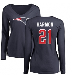 NFL Women's Nike New England Patriots #21 Duron Harmon Navy Blue Name & Number Logo Slim Fit Long Sleeve T-Shirt
