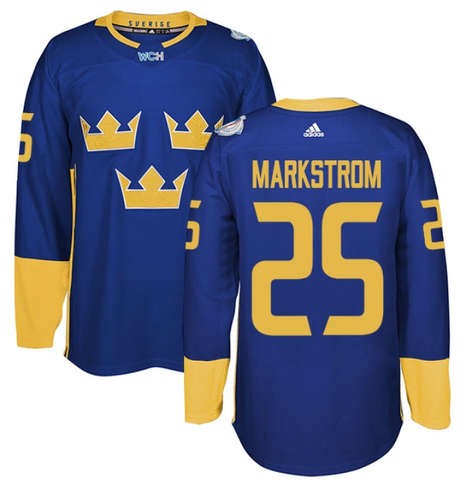 Men's Adidas Team Sweden #25 Jacob Markstrom Authentic Royal Blue Away 2016 World Cup of Hockey Jersey