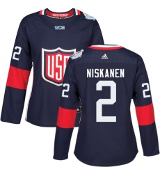 Women's Adidas Team USA #2 Matt Niskanen Authentic Navy Blue Away 2016 World Cup Hockey Jersey