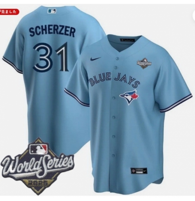Men's Toronto Blue Jays 31 Max Scherzer Light Blue 2025 Home Cool Base Stitched Baseball Jersey