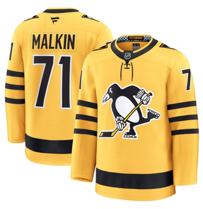 Men's Pittsburgh Penguins #71 Evgeni Malkin Gold 2025 Alternate Stitched Hockey Jersey