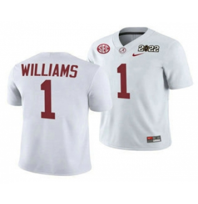 Men's Alabama Crimson Tide #1 Jameson Williams 2022 Patch White College Football Stitched Jersey