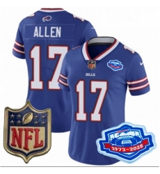Women Buffalo Bills 17 Josh Allen Blue 2025 F U S E Farewell Season Gold Shield Patch Stitched Football Jersey
