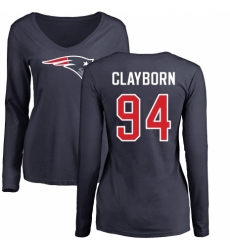 NFL Women's Nike New England Patriots #94 Adrian Clayborn Navy Blue Name & Number Logo Slim Fit Long Sleeve T-Shirt