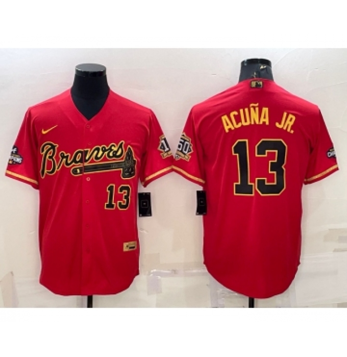 Men's Atlanta Braves #13 Ronald Acuna Jr Red Gold World Series Champions Program Cool Base Stitched Baseball Jersey