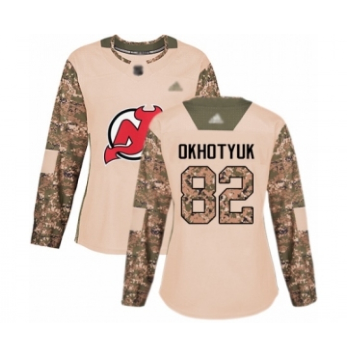Women's New Jersey Devils #82 Nikita Okhotyuk Authentic Camo Veterans Day Practice Hockey Jersey