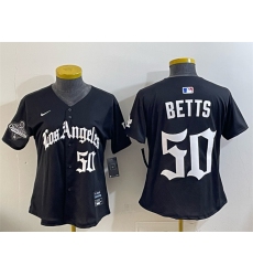 Women's Los Angeles Dodgers #50 Mookie Betts Black 2025 World Series Champions LA Gothic Edition Limited Stitched Baseball Jersey(Run Small)