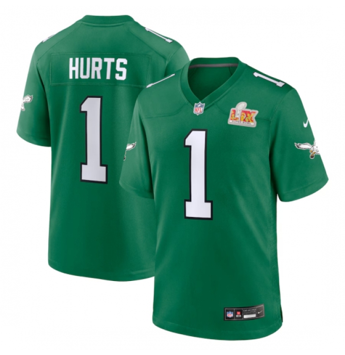 Men's Philadelphia Eagles #1 Jalen Hurts Nike Kelly Green Super Bowl LIX 2nd Alternate Game Jersey