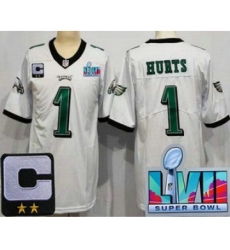 Women's Philadelphia Eagles #1 Jalen Hurts Limited White C Patch Super Bowl LVII Vapor Jersey
