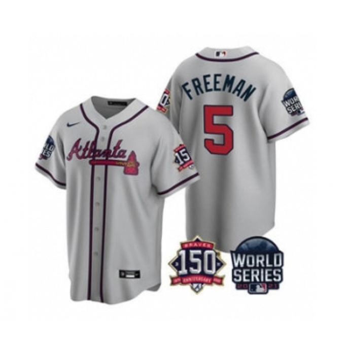 Men's Atlanta Braves #5 Freddie Freeman 2021 Gray World Series With 150th Anniversary Patch Cool Base Baseball Jersey