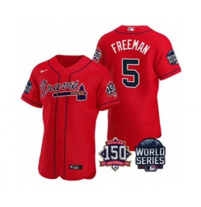 Men's Atlanta Braves #5 Freddie Freeman 2021 Red World Series Flex Base With 150th Anniversary Patch Baseball Jersey