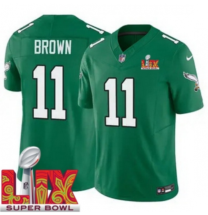 Men's Philadelphia Eagles A.J. Brown #11 Kelly Green 2024 2025 Super Bowl LIX F U S E Stitched NFL Jersey