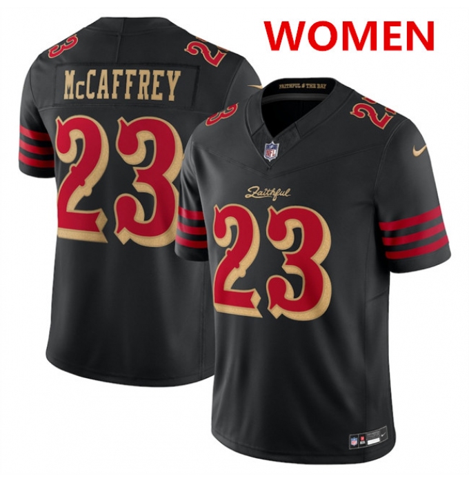 Women's San Francisco 49ers #23 Christian McCaffrey Black 2025 F.U.S.E. “Rivalries” Vapor Limited Stitched Football Jersey(Run Small)