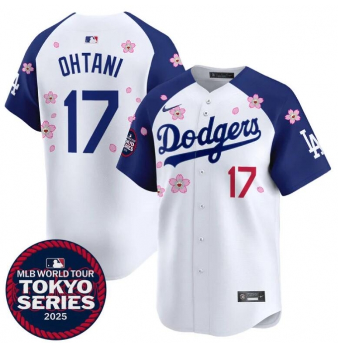 Men's Los Angeles Dodgers #17 Shohei Ohtani White Royal 2025 Tokyo Series Limited Stitched Baseball Jersey
