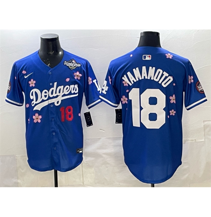 Men's Los Angeles Dodgers #18 Yoshinobu Yamamoto Royal 2025 World Series Tokyo Series Limited Stitched Baseball Jersey
