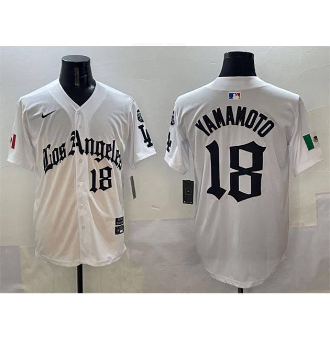 Men's Los Angeles Dodgers #18 Yoshinobu Yamamoto White Mexico 2025 LA Gothic Style With Fernando Vapor Premier Limited Stitched Baseball Jersey