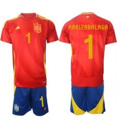 Men's Spain Team #1 Kepa Arrizabalaga 2024-25 Red Home Soccer Jersey Suit