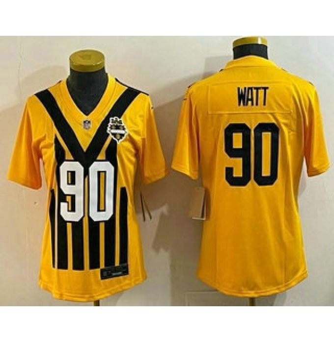 Women's Pittsburgh Steelers #90 TJ Watt Limited Yellow Throwback Vapor Jersey