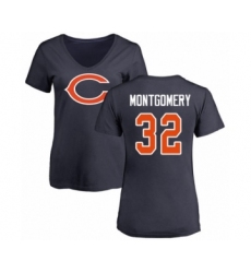 Football Women's Chicago Bears #32 David Montgomery Navy Blue Name & Number Logo T-Shirt