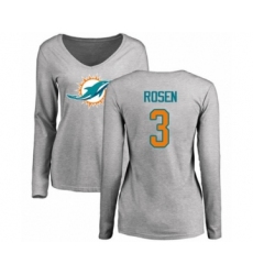 Football Women's Miami Dolphins #3 Josh Rosen Ash Name & Number Logo Long Sleeve T-Shirt