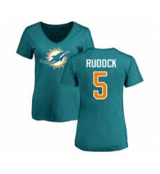 Football Women's Miami Dolphins #5 Jake Rudock Aqua Green Name & Number Logo T-Shirt