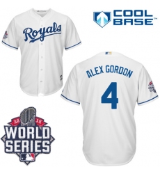 Men's Majestic Kansas City Royals #4 Alex Gordon Authentic White Home Cool Base 2015 World Series