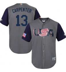 Men's USA Baseball Majestic #13 Matt Carpenter Gray 2017 World Baseball Classic Replica Team Jersey