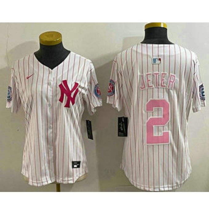 Women's New York Yankees #2 Derek Jeter White Pink Pinstripe Fashion Cool Base Jersey