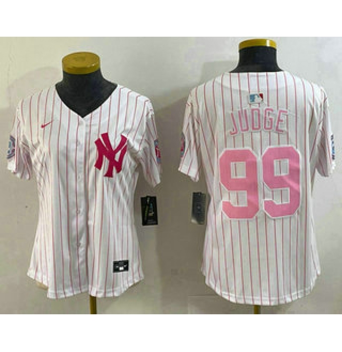Women's New York Yankees #99 Aaron Judge White Pink Pinstripe Fashion Cool Base Jersey