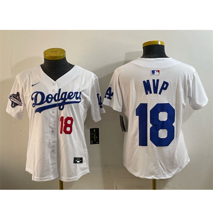 Women's Los Angeles Dodgers #18 MVP White 2025 World Series Champions Limited Stitched Baseball Jersey(Run Small)