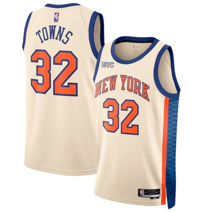 Men's New Yok Knicks #32 Karl-Anthony Towns Cream 2025-26 City Edition Swingman Stitched Basketball Jersey