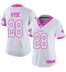 Women's Nike San Francisco 49ers #28 Carlos Hyde Limited White/Pink Rush Fashion NFL Jersey